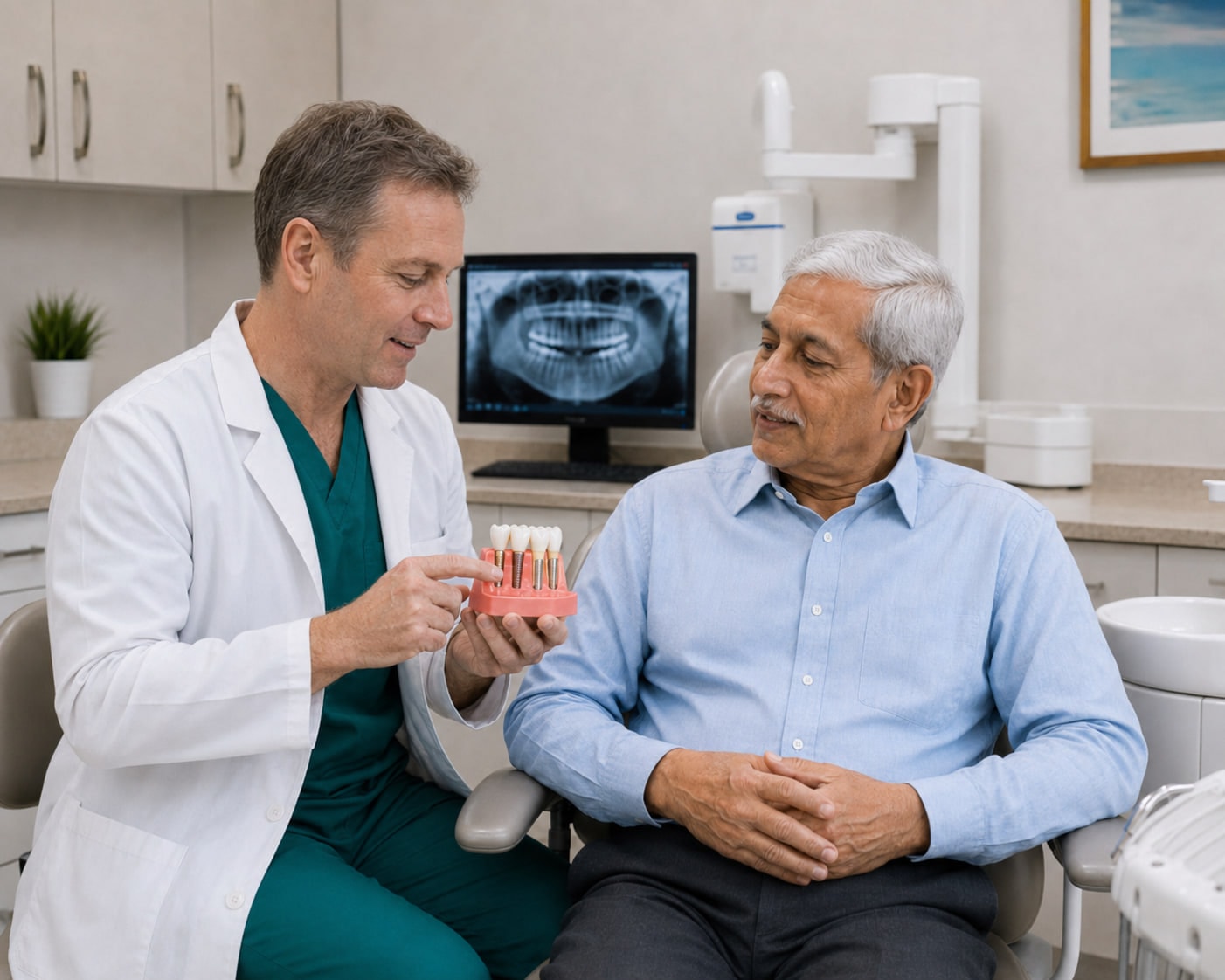 Dentist explaining implant care to a patient