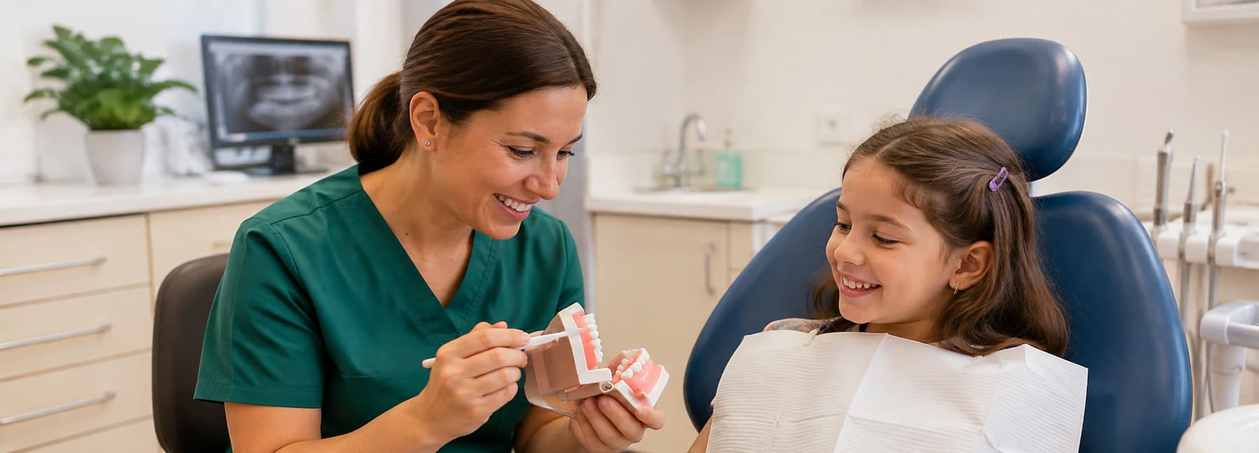 Dental clinician showing a young patient how to brush teeth