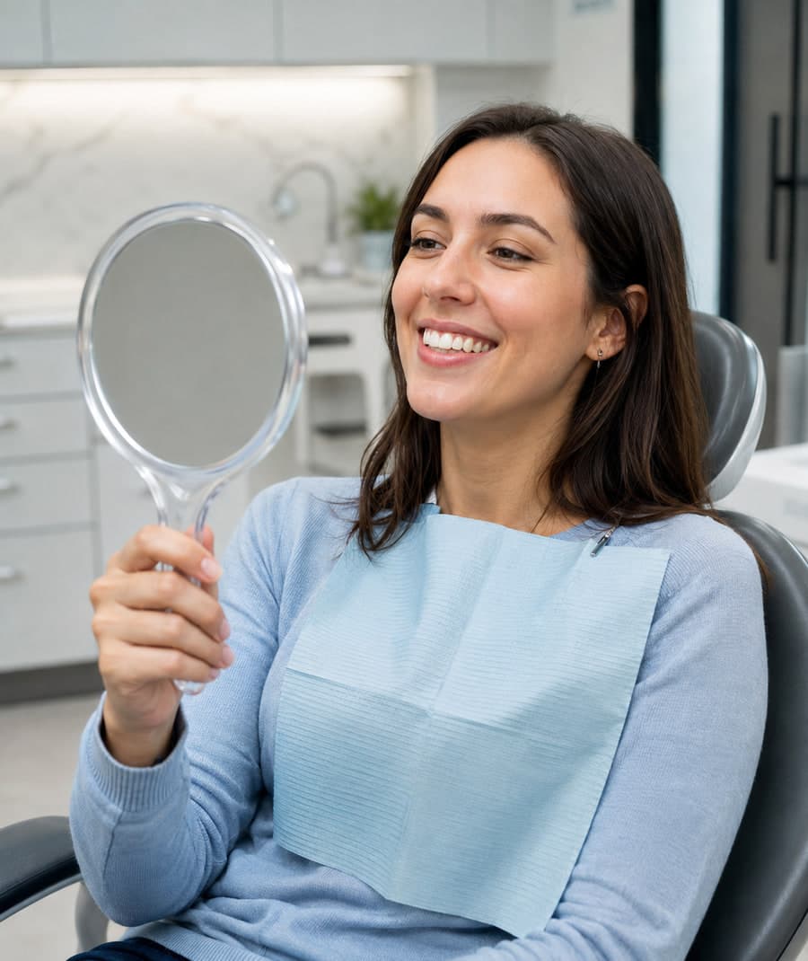 Patient smiling at the result of her dental appointment