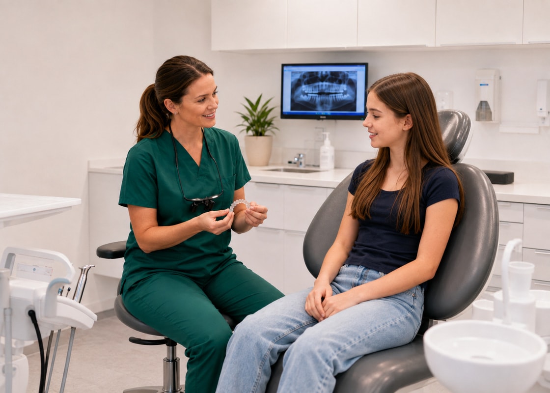 Dentist explaining an aligner to a new patient