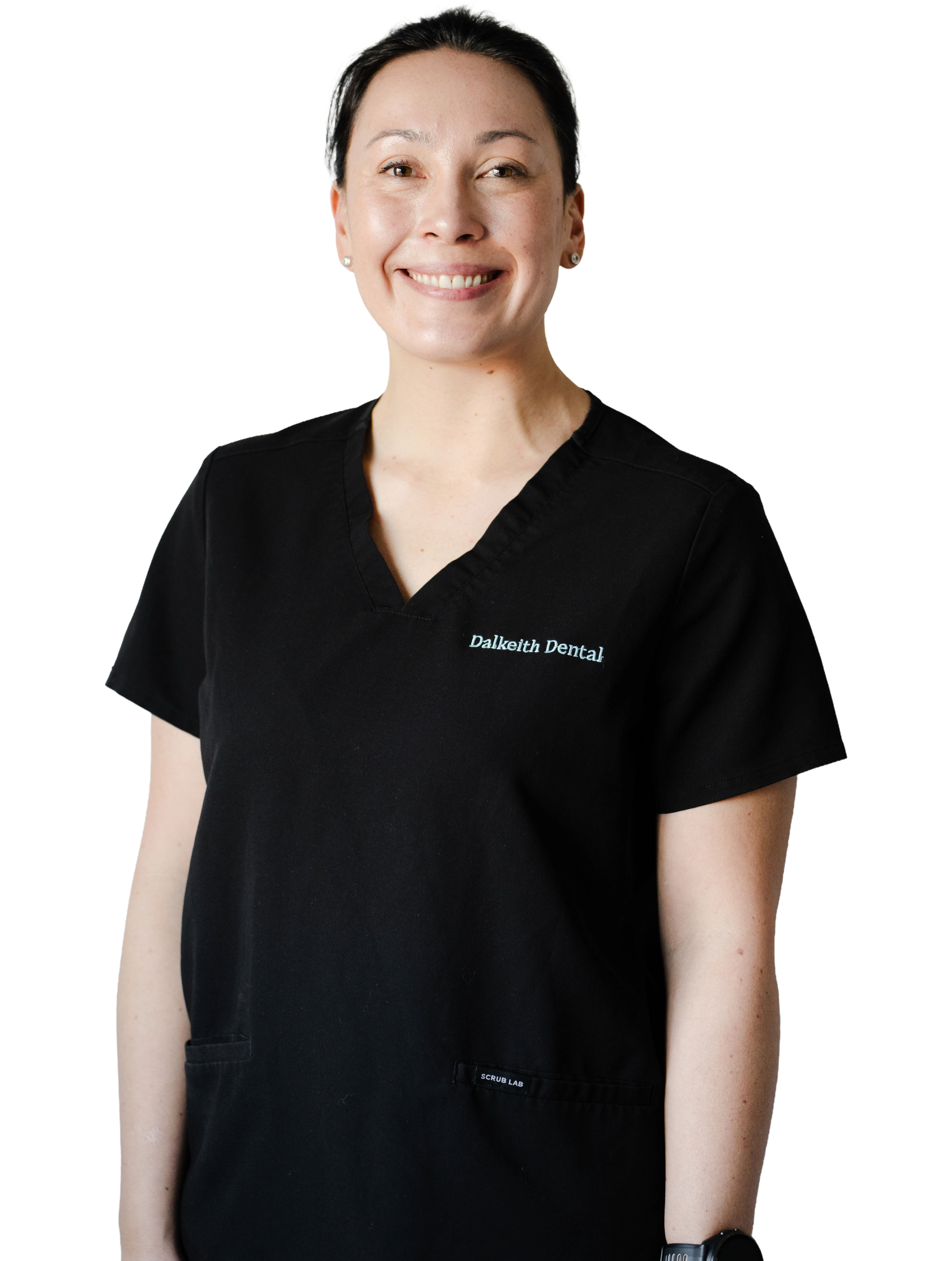 Dr Rachael Pantin smiling in black Dalkeith Dental scrubs