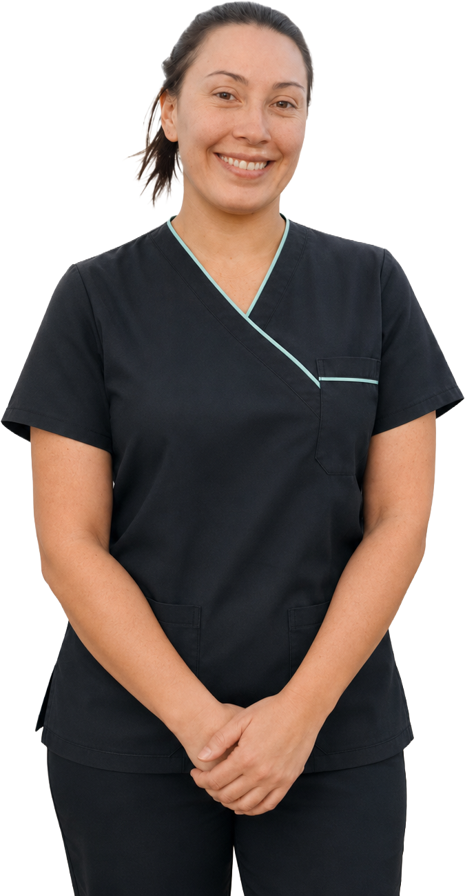 Dr Rachael Pantin smiling with folded arms in a white dental coat